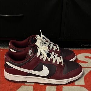 Nike Dunk Low, maroon, black, and white sneakers